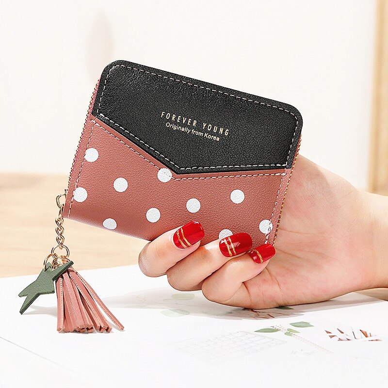 Korte Portemonnees Dame Portemonnee Kwasten Rits Vrouwen Dots Wallet Bag Kaarten Id Houder Meisjes Portefeuilles Geldzakken Notecase Pocket Poucht: Black