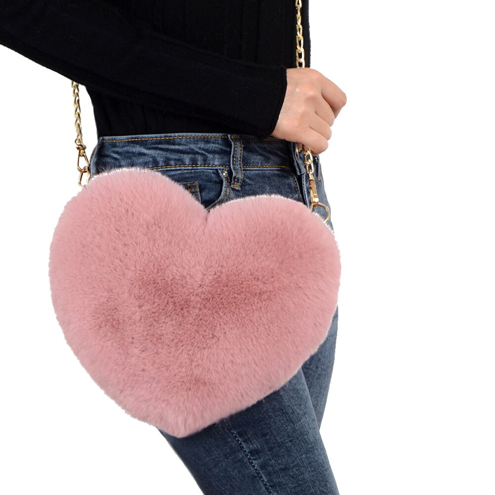 Offre spéciale femmes en peluche amour poilu sac en forme de coeur saint valentin en forme de coeur sac femme chaîne sac de messager: Rose