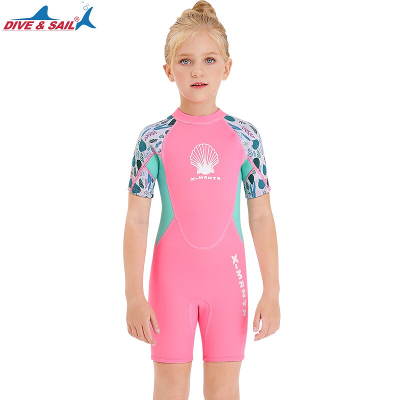 Dykke&seil 2.5mm barn neopren våtdrakt barn kortermet våtdrakt i ett stykke dykking snorkling dykkerdrakt jente surfe strandtøy: Rosa / S (100-110cm)