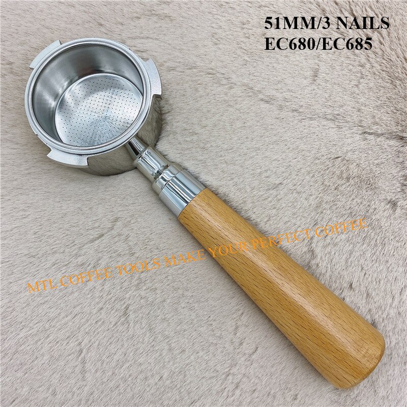 EC680/EC685 Bottomless Portafilter 51MM for Delonghi dedica machine Filter Replacement Filter Basket بورتافلتر ديلونجي Espresso: beech handle 3 nails