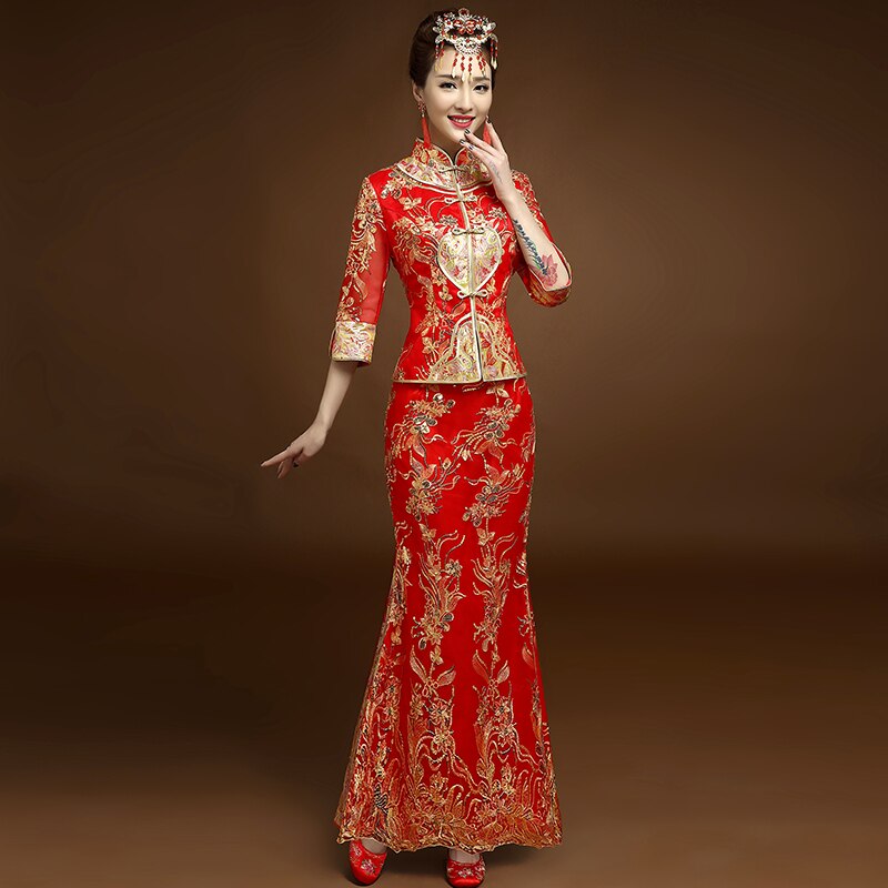 Rode traditionele Chinese stijl Bruid trouwjurken Borduren cheongsam gown robe Party avondjurk trouwen Qipao Vestido S-XXL