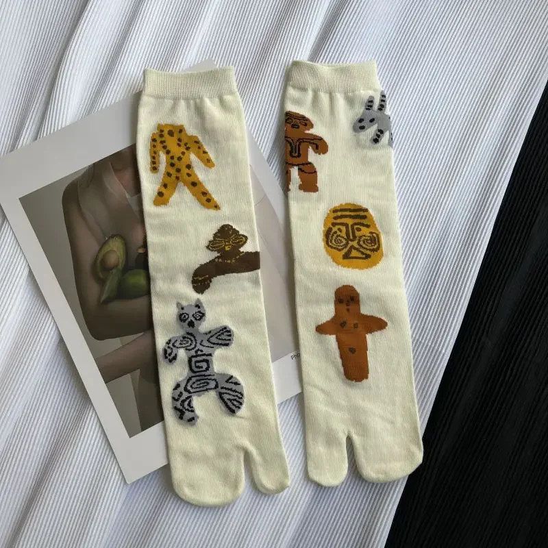 Colorful Cartoon Combed Cotton Women's Two Toe Socks Grapes Waves Carp Japanese Harajuku Funny Cute Sandals Tabi Socks Sokken