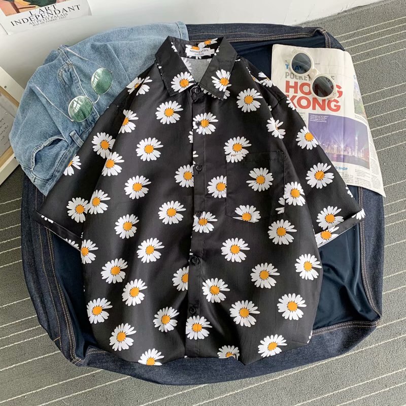 herren Hemden Japan Stil Streetwear Blume Hemd Männlichen lässig Männer Kleidung Sommer Tendenzen Männer Hemden: Schwarz / M