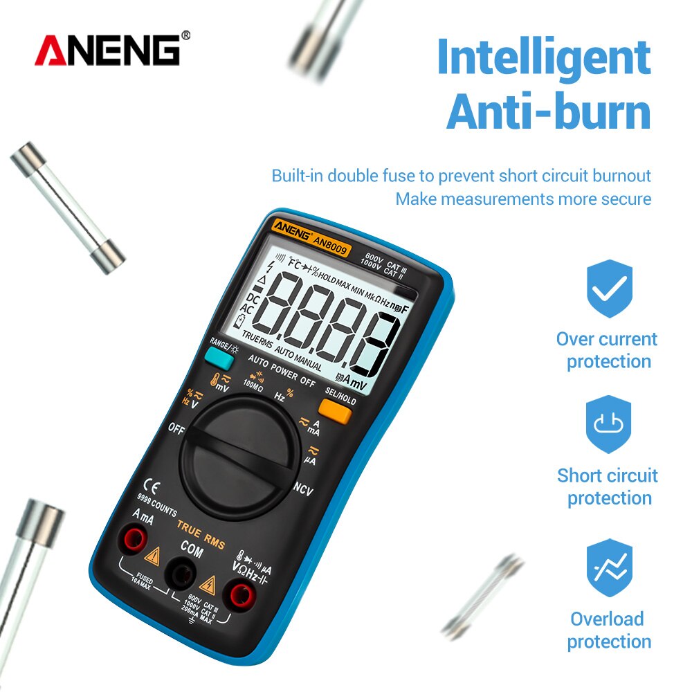 AN8008/AN8009 Digital Multimeter 9999 Counts True-RMS Transistor Capacitor Tester Auto Electrical Rm409b Test Lo Z Temp