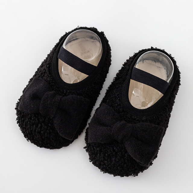 Novo piso do bebê meias grossas outono inverno indoor criança meninas sapatos pé meia: Preto / XS 6-12months