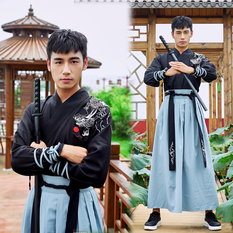 Herfst Chinese Oude Warrior Verbeterde Dagelijkse Herenkleding Hanfu Chinese Traditionele Geborduurde Rok Pak DL3245