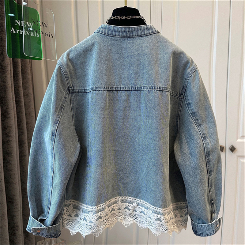 2022 Frühjahr neue Rundhalsausschnitt Saum Nähte Spitze Denim Mantel Bluse verlieren lässige oben