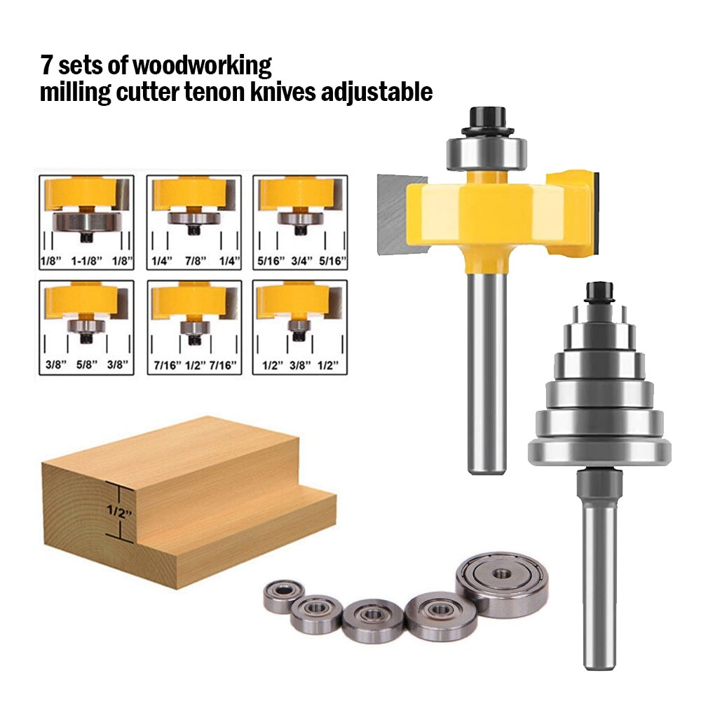 1/4” Inch Shank 1-3/8” Height Multi Rabbet Router Bit Set (6 Bearings Multiple Depths ) Interchangeable and Adjustable Bearing.