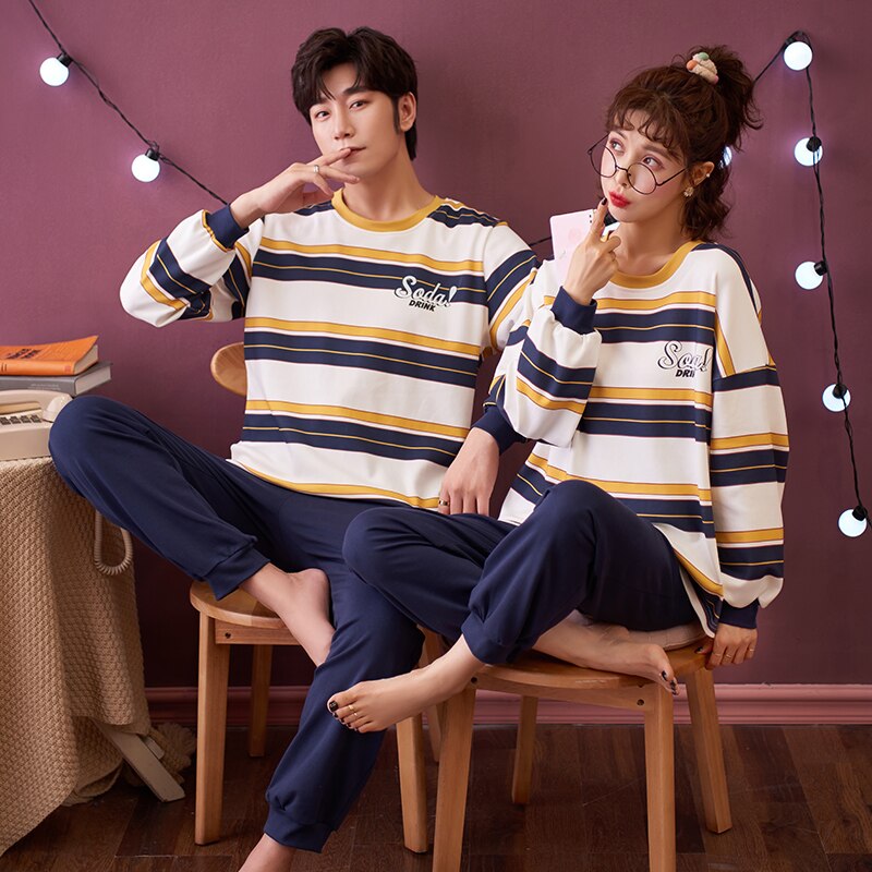 Paar Pyjama Herfst Katoen Lange Mouwen Leisure Tops Koreaanse Stijl Vrouwen Leuke Tweedelig Pak Mannen 'S Lente En Herfst