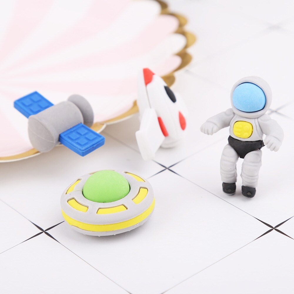 4pcs/set Flying Saucer Alien Spaceship Shaped Rubber Pencil Eraser Kids