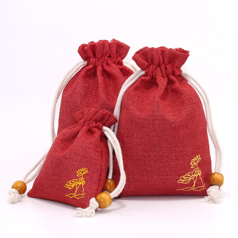 Pure Cotton Bags Packing Jewelry Drawstring bag Wedding Candy Wrappling Reusable Sachet Print Lotus Display Pack Bags: red hehua / 8x10cm 5PCS