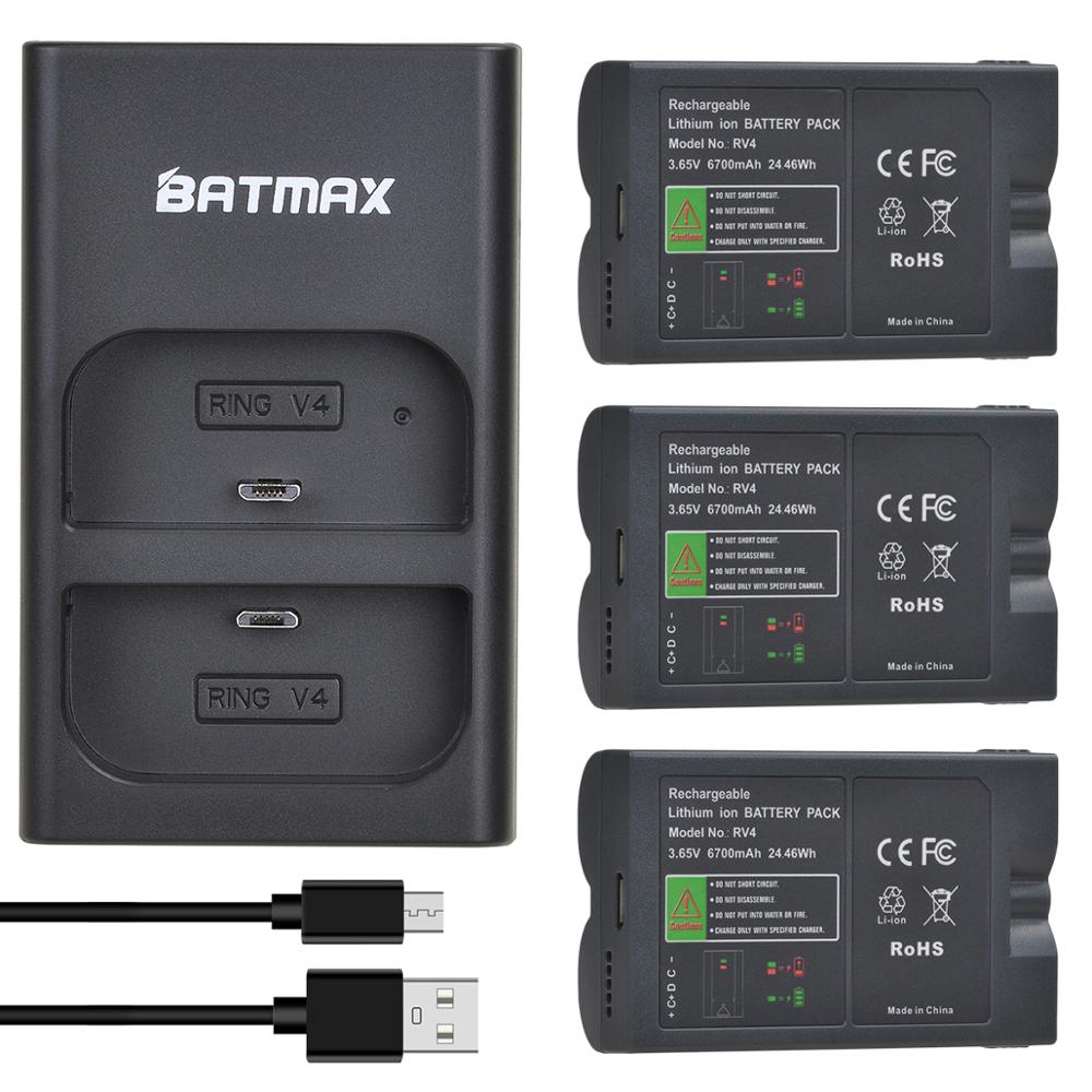 Batmax 6700Mah RV4 Batterij + Dual Charger Voor Ring Video Deurbel 2, ring Stick Up Cam Solar Vervangen V4,Video Deurbel 3 Plus