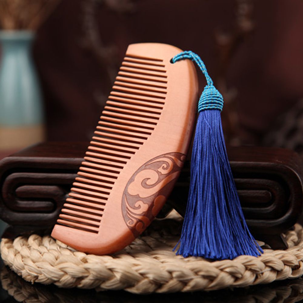 Vintage sandeltræ antistatisk udskåret naturlig dobbelt bred massage hår kam med kvast fin fersken træ kam tilbehør: Blå