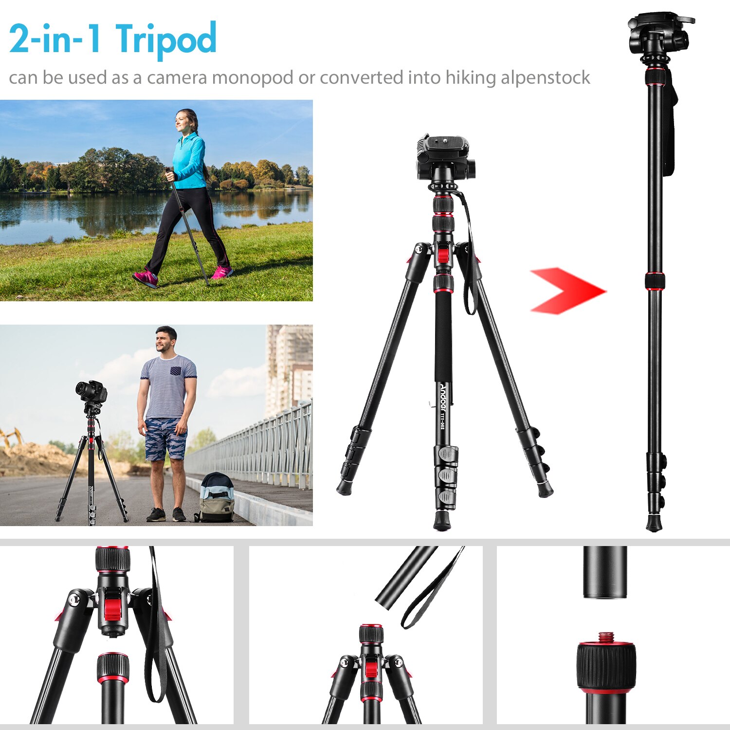 Andoer – trépied monopode 2 en 1, trépied de photographie en alliage d'aluminium, tête sphérique rotative de 200cm, charge de 5kg pour appareils photo DSLR