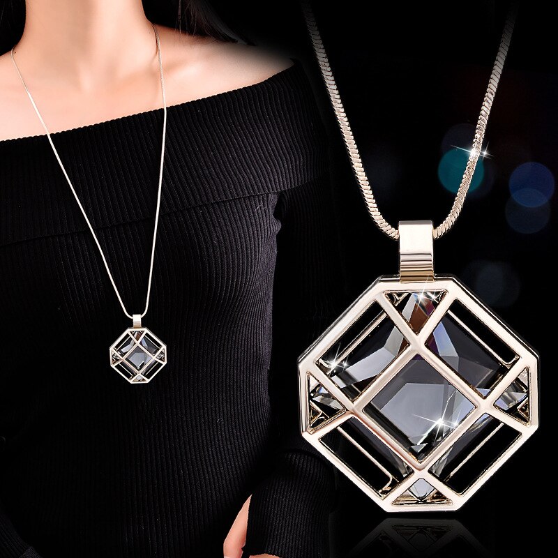 Lange halskæder og vedhæng geometrisk krystal statement halskæde til kvinder collier femme perle choker smykker: Blå hvid zinkbelagt