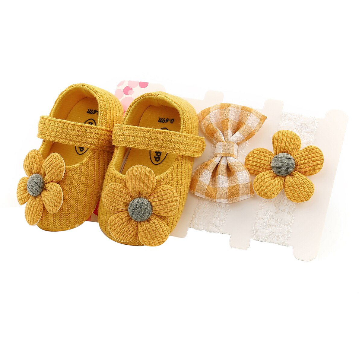 3PCS 0-18M Baby Girl Baptism Shoes and Headband Set Soft Sole Floral Mary Jane Flats and Hairbands for Infant Little Girls