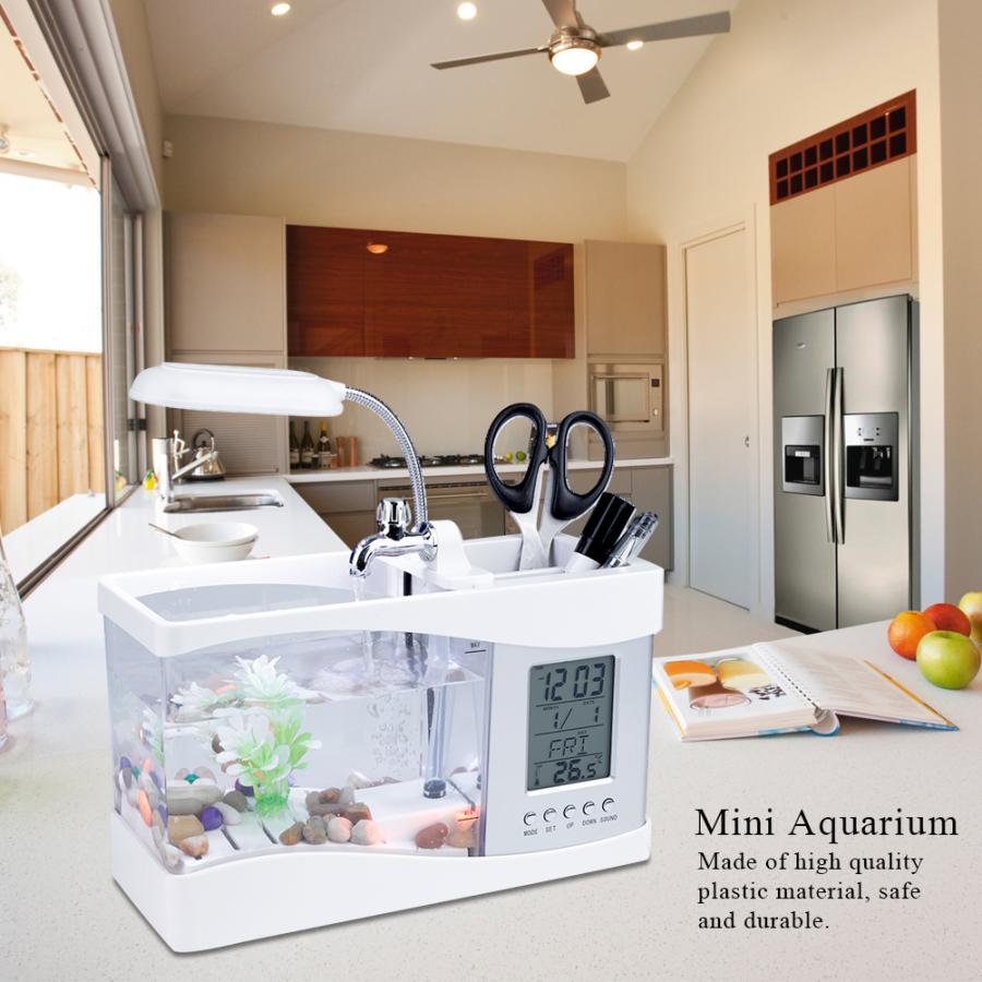 USB Desktop Mini Aquarium Fish Tank Multifunctional Aquarium with Clock Function LED Light Suspended for living room office
