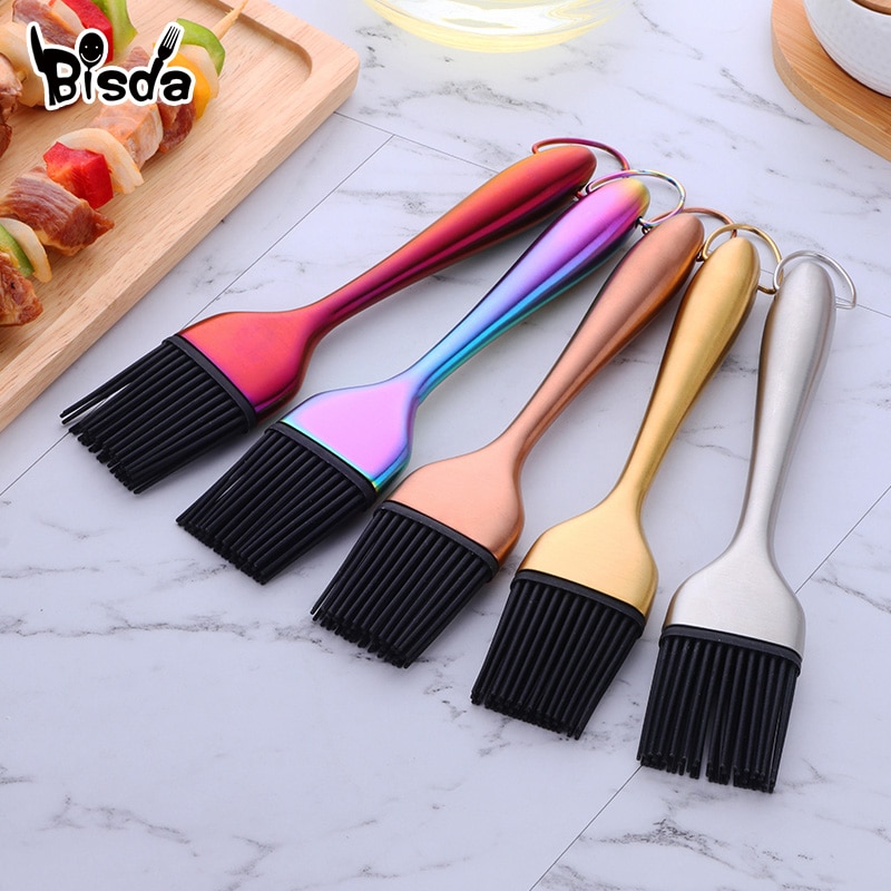 Cepillo de aceite con mango de acero inoxidable, cepillo de silicona dorado, herramientas para parrilla de barbacoa y pastelería, utensilios para hornear de cocina, 1 ud.