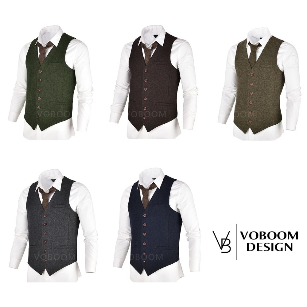 VOBOOM Wool Tweed Mens Waistcoat Single-breasted Herringbone Slim Fitted Suit Vests 007