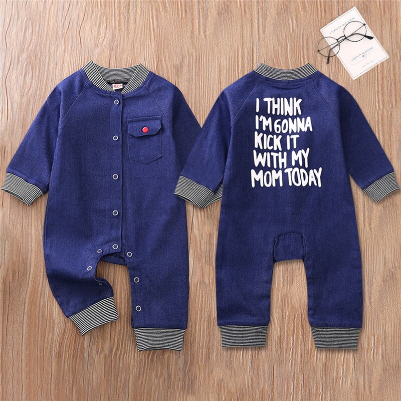 Baby Casual Wear Lange Mouwen Denim Jumpsuit Met Terug Brief Afdrukken Voor Peuters Meisjes Jongens Herfst Lente Rompertjes 0-12 Maanden