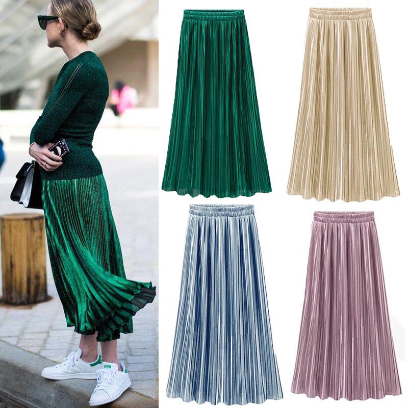 Jupe longue plissée et évasée pour femme, couleur unie, style Vintage, couleur or, , nouveauté