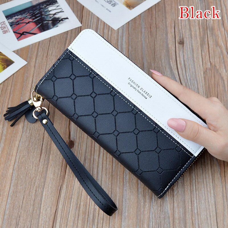 Long Pu Leather Women Wallet Plaid Tassel Wallets For Woman Wallet Purse Clutch Credit Card Holder Long purse cluthes: C