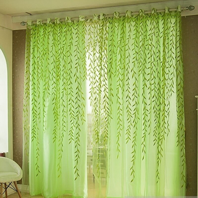 2pcs=1Pair Wicker Transparent Curtains Leaves Curtains Pastoral Style Floral Window Decorative Curtains for Bedroom Living Room: Green / 100 x 270cm