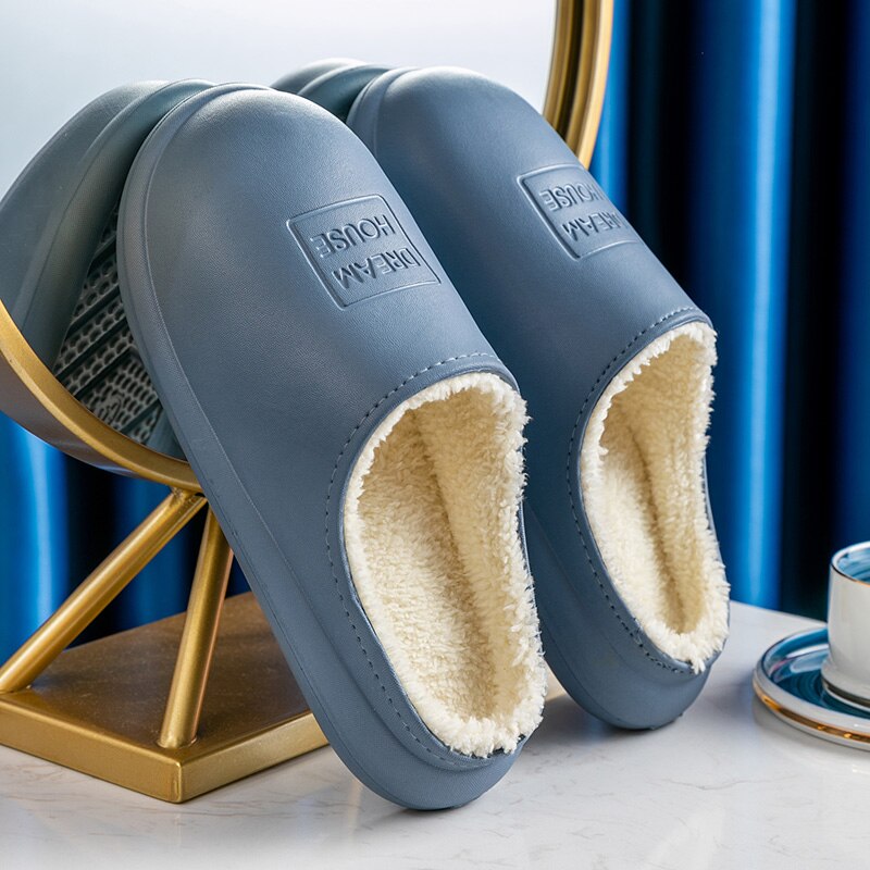 Vinter varme plysj tøfler vanntette tøfler kvinne menn innendørs tøfler elskere hjem tøffel tykk såle femael kjøkkensko: Grå / 43-44