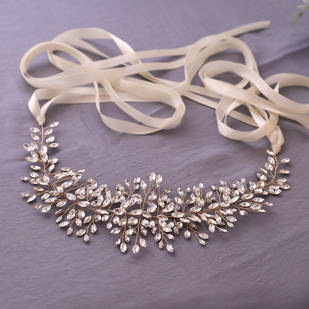 YouLaPan SH237-G złoty pas ślubny z kryształ górski moda koralik pas cienki szarfa pasek zachodnie pasy aplikacja ślubna szarfa pasek: kość słoniowa