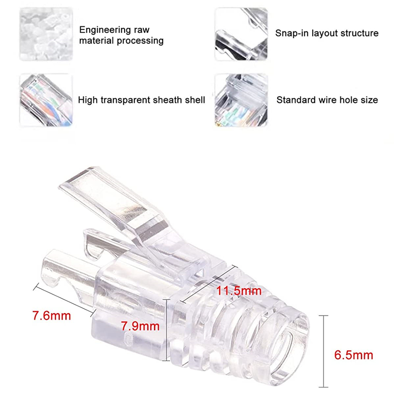 Nastako 50/100Pcs Cat6 RJ45 Connector Utp Kabel Ethernet Jack 8P8C Netwerk CAT6 Cat5e Modulaire Stekkers Met 6.5mm RJ45 Caps