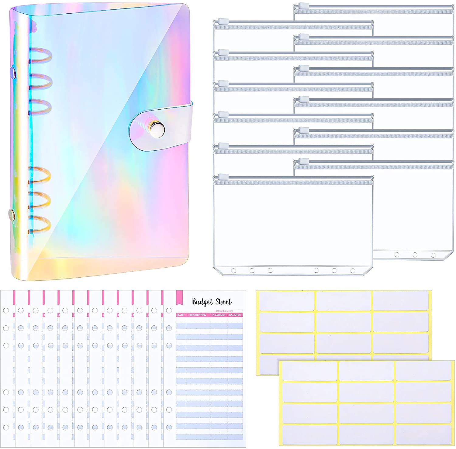 27 Pieces 6-Ring Binder Cover A6 Binder Cover 12 Pieces Binder Zipper Pockets and Sheets for Personal Budget Planner Notebook: Rainbow - 27PCS
