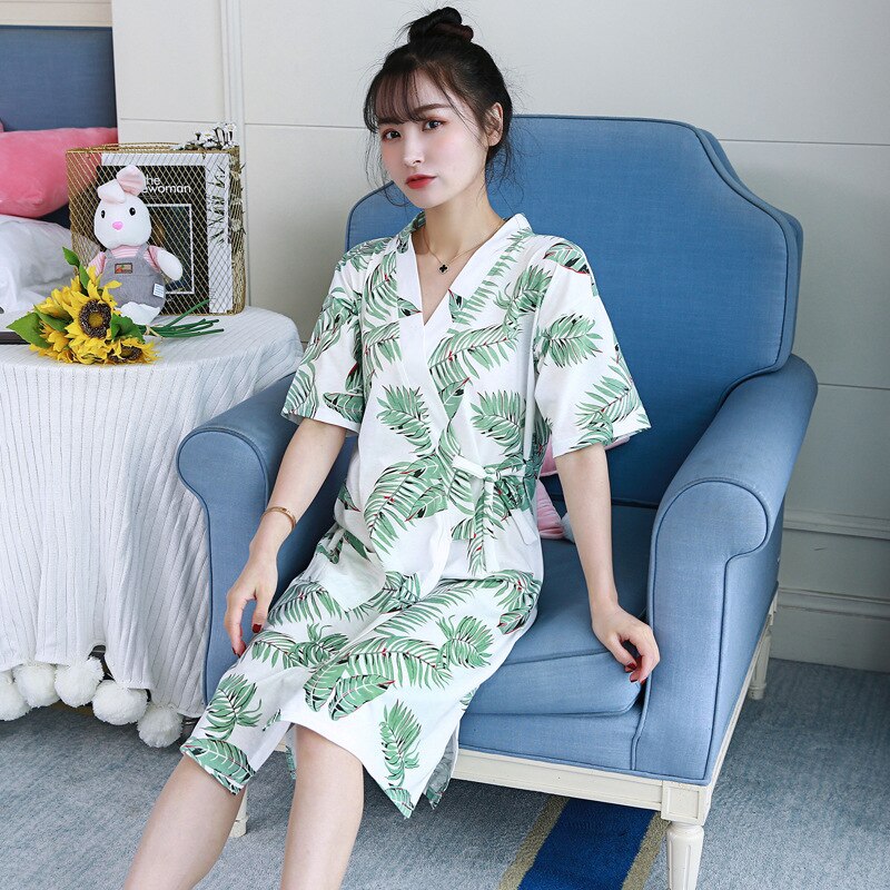 Summer Kimono Robe High-End Cotton Double Layer Gauze WOMEN'S Cardigan Pajamas Short Sleeved Robe Bathrobe: 542 7