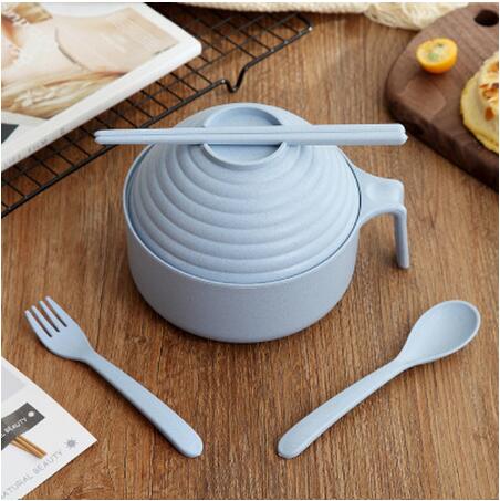 1Set Noodles Bowl with Lid Handle Dinnerware Wheat Straw Style Soup Bowl Microwavable Bowl Electric Lunch Box Food Container: blue