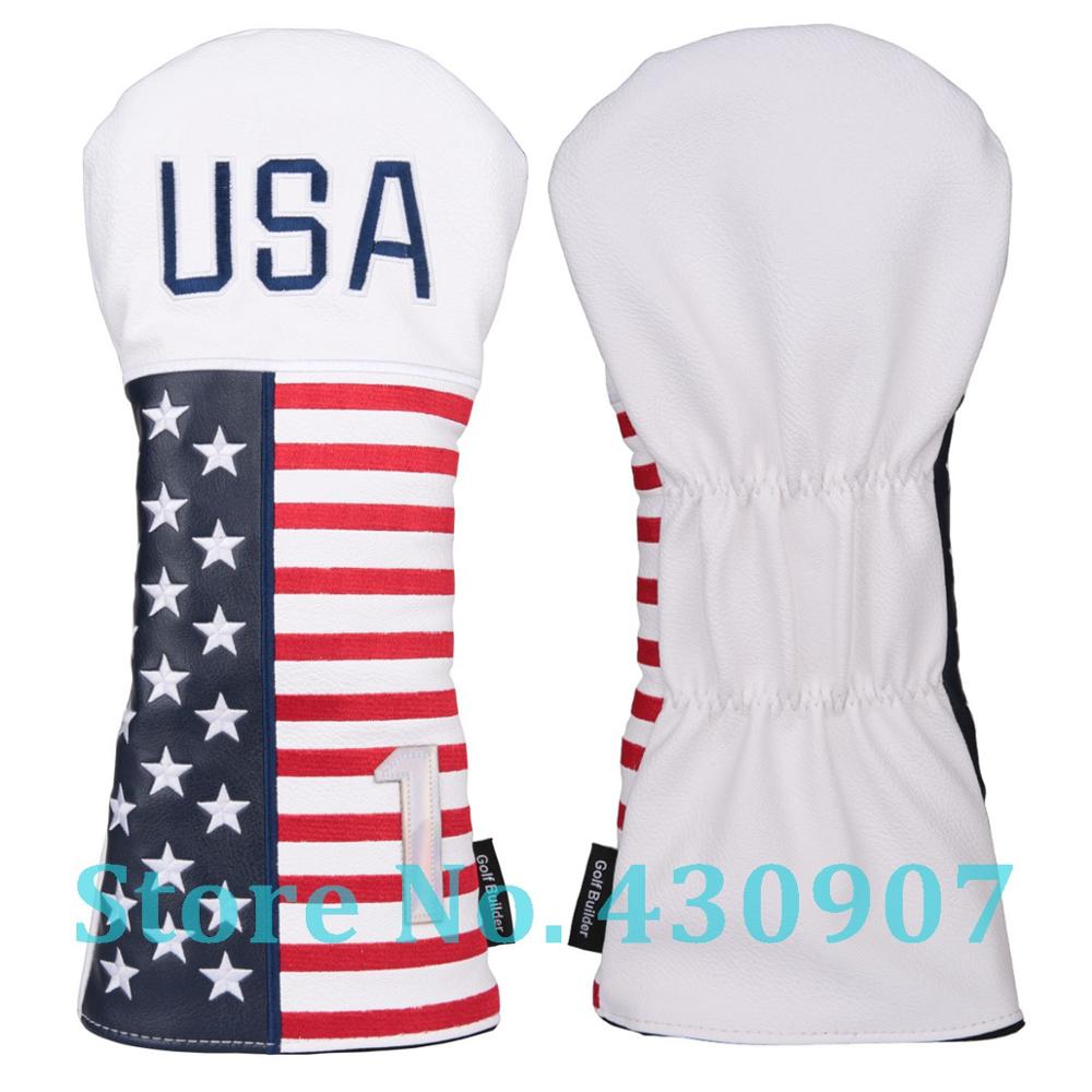 White PU Leather with USA Embroidery and 1/3/5/X Golf Club Driver Fairway Wood Hybrid Head Cover Golf Wood Headcover