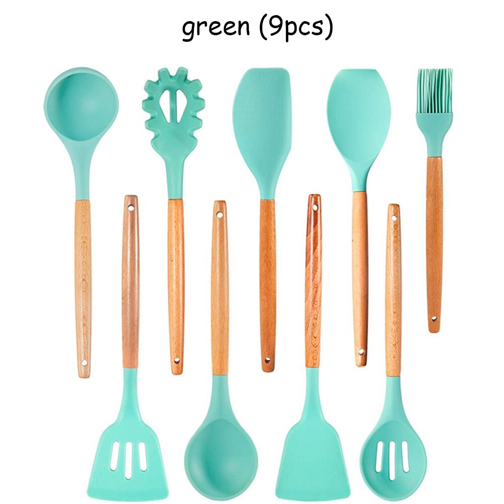 Silicone Kitchenware Cooking Utensils Set Heat Resistant Kitchen Non-Stick Cooking Utensils Baking Tools With Storage Box: green  9PCS