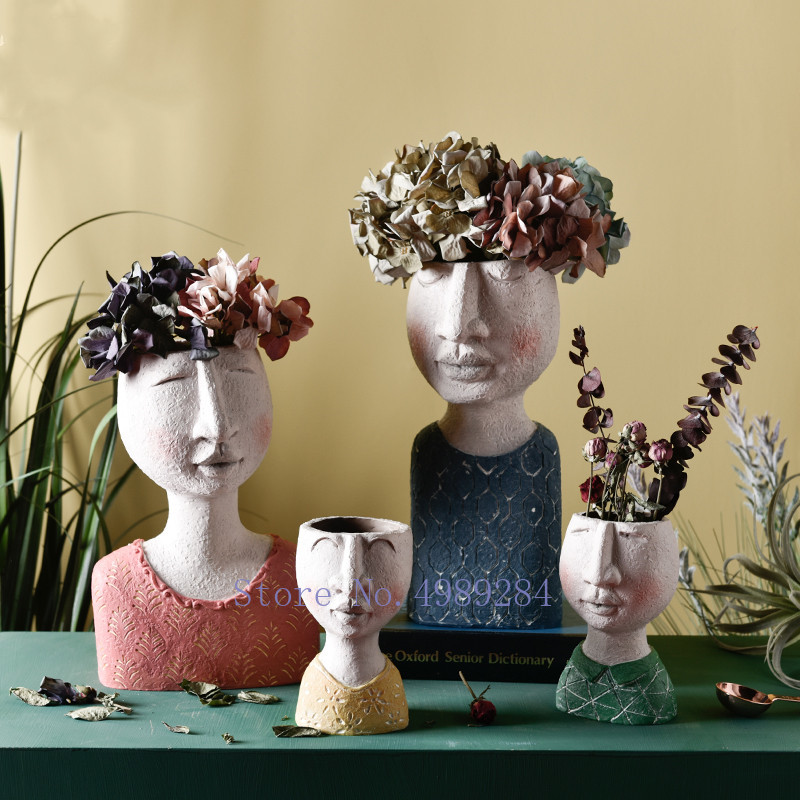 Jarrón de cabeza humana de resina nórdica creativa florero escultura cara humana jardín flor arreglo adornos decorativos jarrones para flores