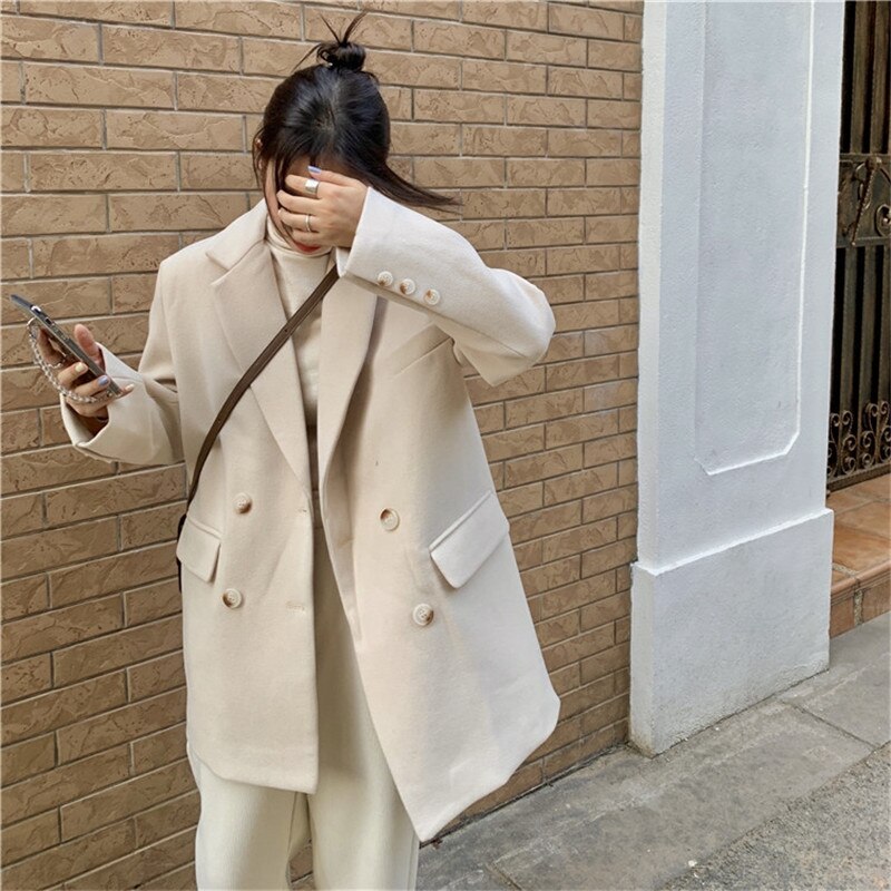 HziriP OL-Chaqueta de lana gruesa acolchada con muescas para mujer, Blazer minimalista, Tops de otoño e invierno, abrigo informal holgado