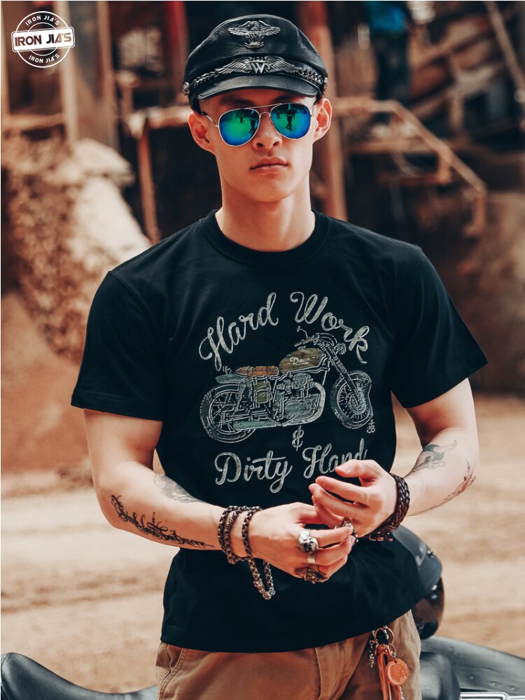 IRON JIA'S Summer Motorcycle Shirts for Men Crew Neck Funny Moto Biker Breathable Shirts &amp; Tops Absorb Sweat Moto Short Sleeve
