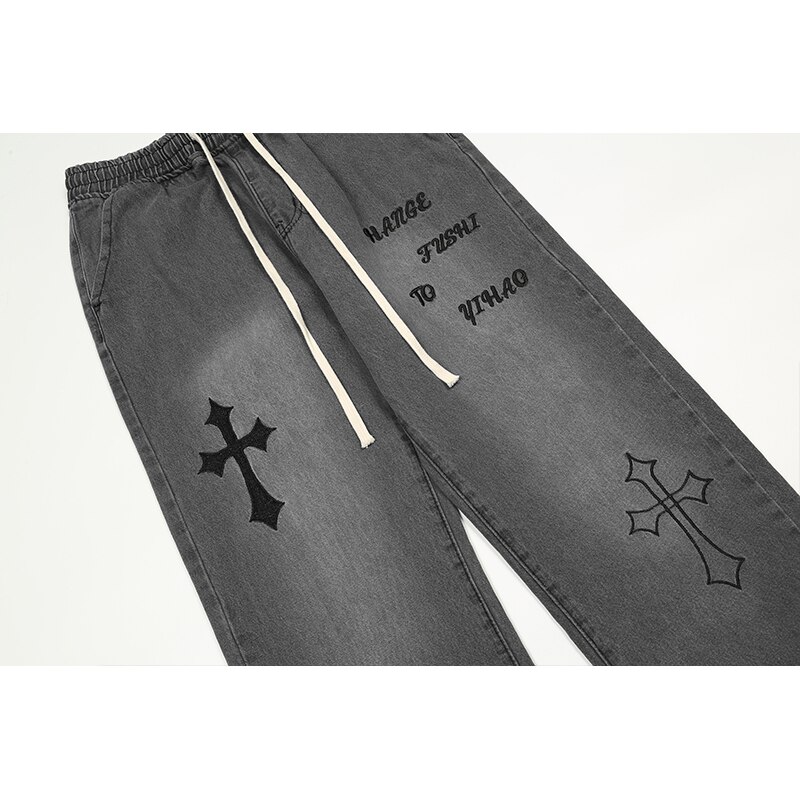 Jean noir style Hip Hop pour hommes, Streetwear, broderie de croix, Punk gothique, Baggy, pantalon en Denim, décontracté, Harajuku, 2022