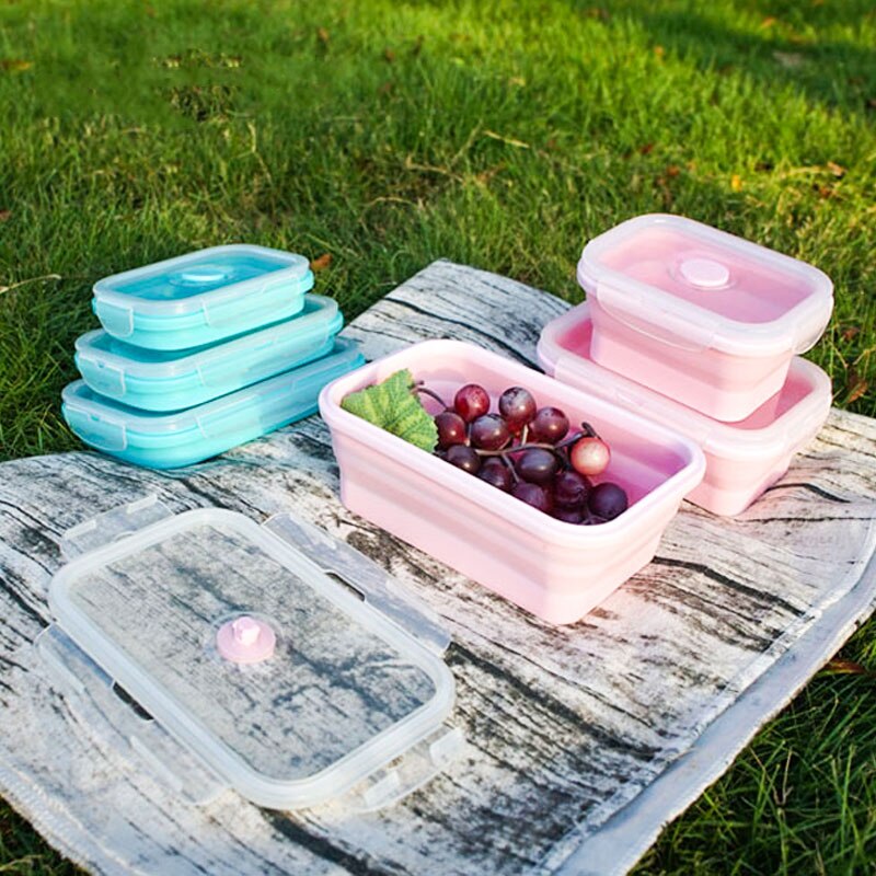 1200Ml Siliconen Opvouwbare Lunchbox Inklapbare Voedsel Container Bento Bpa Gratis Microwavable Draagbare Picknick Rechthoek Doos