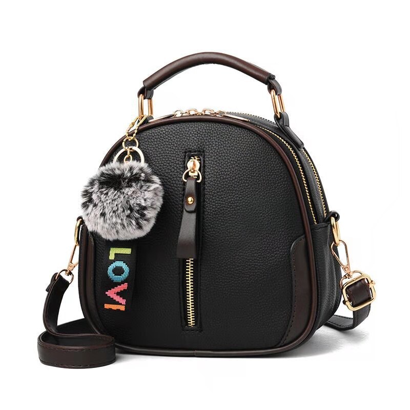 Bolso de hombro portátil de piel sintética para mujer, bolsa con bola de pelo gris