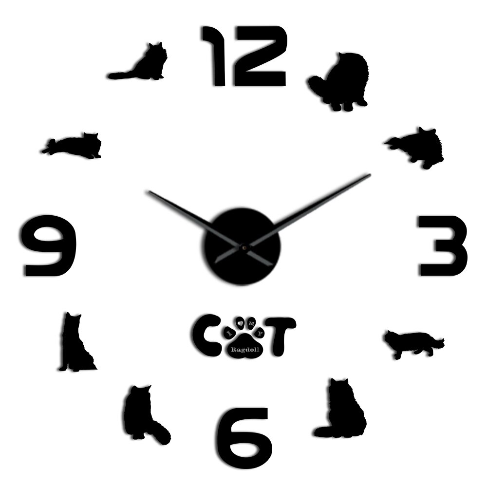 Siamese Katze Ragdoll Katze DIY Große Wanduhr 3D Katze Silhouette Zauberstab Kunst Spiegel Aufkleber Katze Haustier Heimat Dekor Ragdoll liebhaber: Schwarz / 47 Zoll