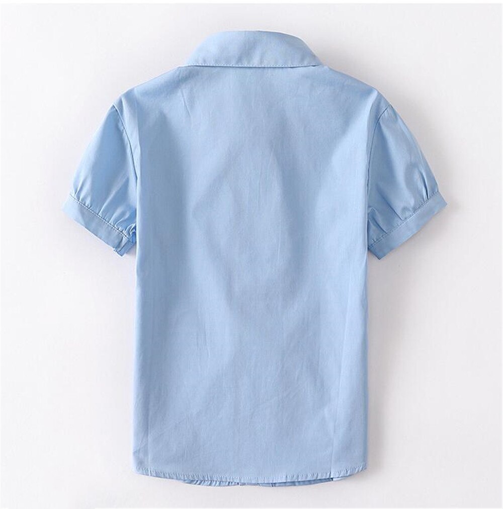 Summer Kids Blue Shirts for Girls School Uniform White Blouses Short Sleeve Preppy Cotton Children Clothing Vestidos 6 8 10 14 Y
