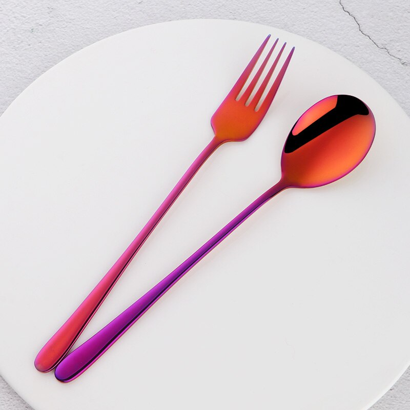 Colher de sobremesa em aço inoxidável, 2 paredes, garfo de sobremesa, dourado, alça longa, para sopa, salada, utensílios de café, prata, imperdível: Rainbow NO.3