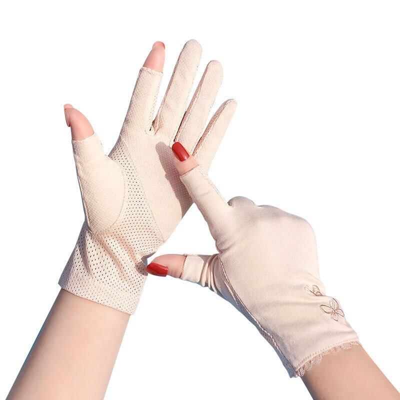 Zomerhandschoenen voor dames met zonbescherming, halfvingerige handschoenen van puur katoen, ademend, antislip, geschikt voor touchscreen, fietshandschoenen.