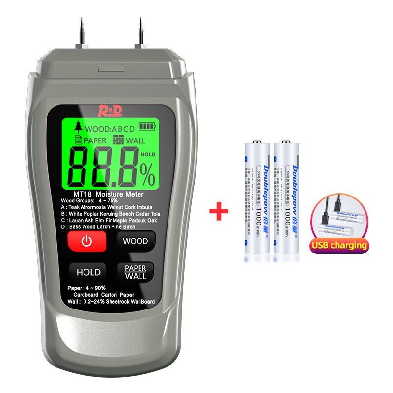 Medidor de humedad de madera, higrómetro de pared de papel, Detector de humedad de madera, probador de densidad de árbol gris, MT-18 R &amp; D,: Grey with battery