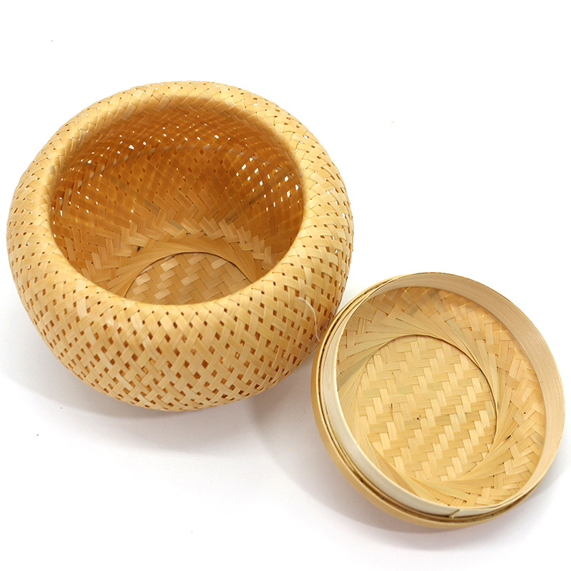 Hand Weaving Tubular Small Bamboo Basket Bamboo Snack Can with Cover Tea Egg Storage Woven Basket Bamboo Crafts