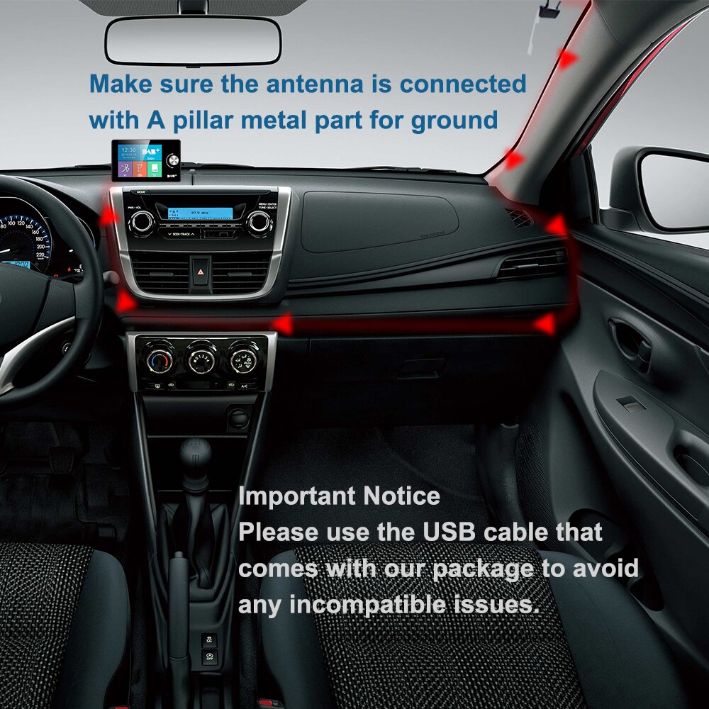 Bærbar bil dab digital radio bluetooth +mp3+ fm+ubegrenset forhåndsinnstilling+håndfri samtale+aux inn/ut+dobbel usb billader+tf kortspill 64g