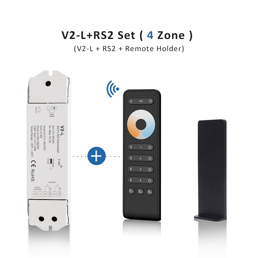 WW CW LED Controller 12V 24V 36V 2CH 16A 2.4G Wireless Remote Control RF LED Dimmer Switch for CCT Daul White LED Strip Light: V2-L and RS2 Set