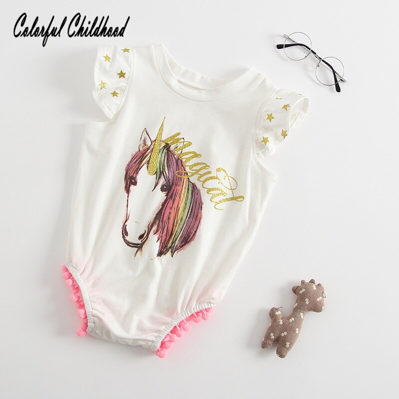Zomer romper baby boy/meisjes eenhoorn afdrukken jumpsuit leuke kwastje infant kids overalls kinderen pyjama